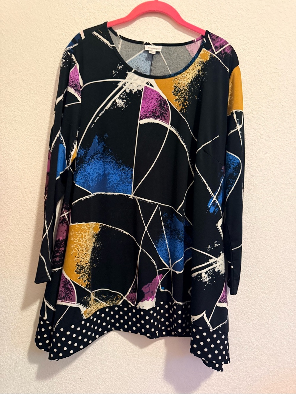 Avenue Black Long Sleeve Tunic Top with Blue, Purple & Mustard Accents
